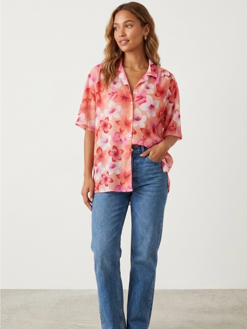 Donnkenny Peach Floral Button-Front Blouse – Short Sleeve – Size XL